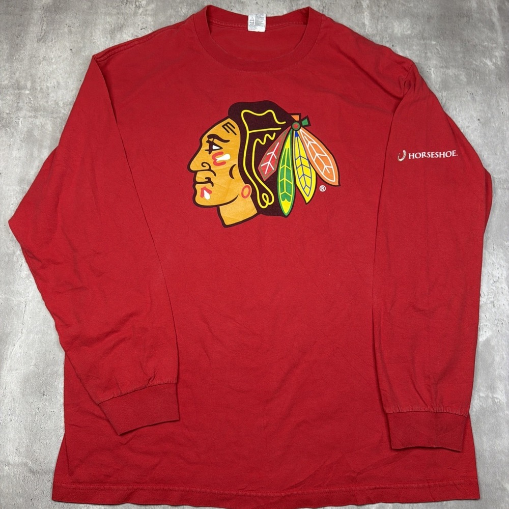 Vintage Chicago Blackhawks Long Sleeve Shirt Red NHL Size XL Horseshoe NHL